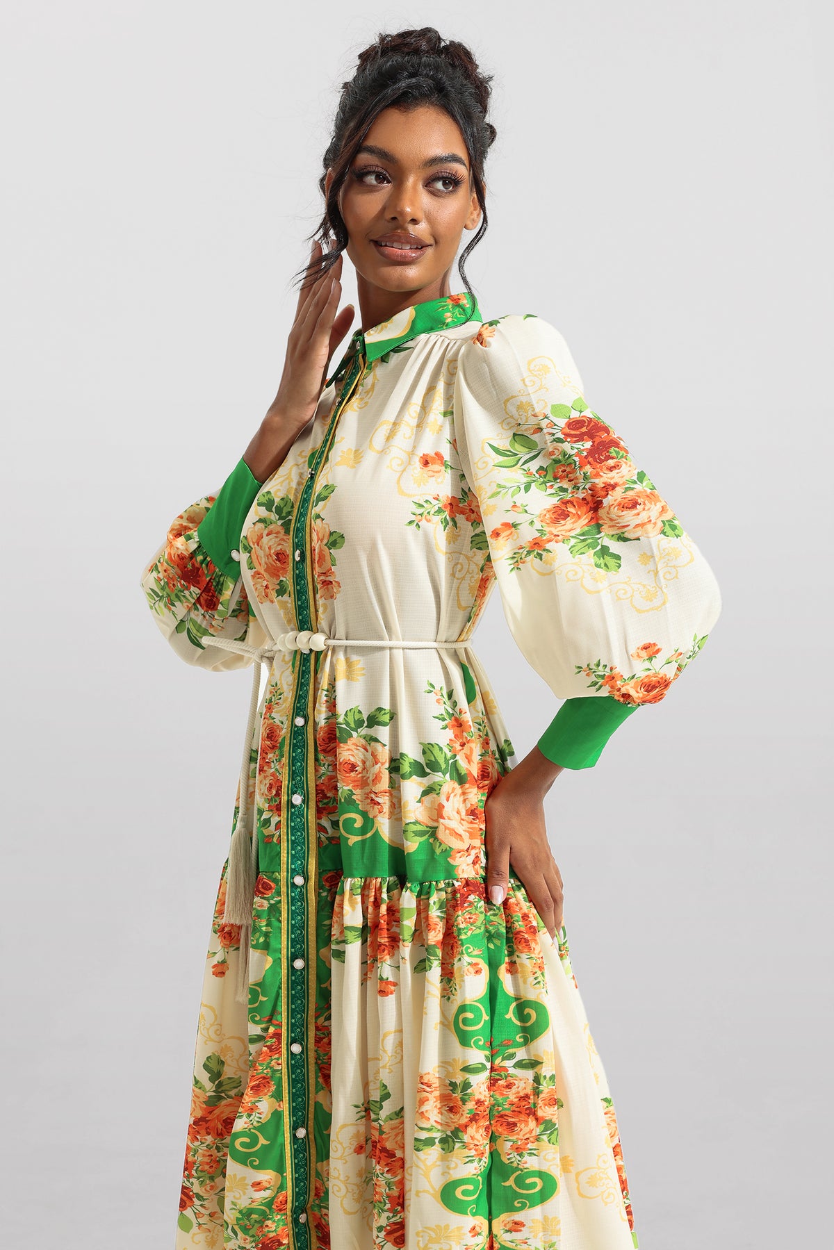 Lantern Sleeve Bottom Midi Dress With Belt