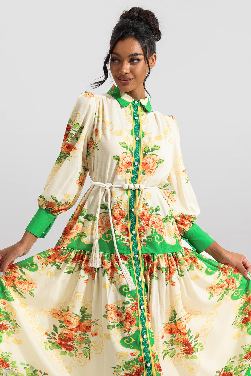 Lantern Sleeve Bottom Midi Dress With Belt