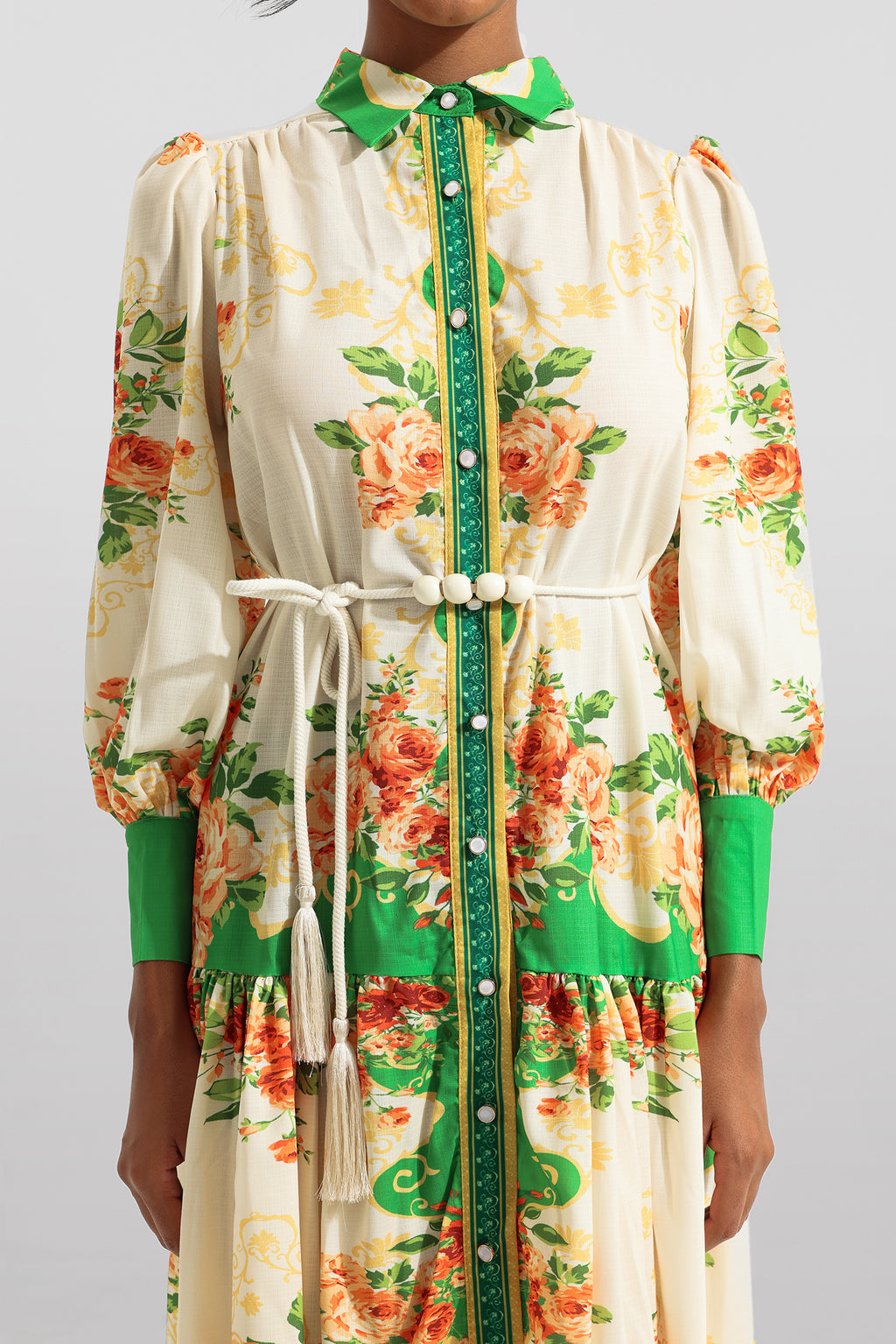 Lantern Sleeve Bottom Midi Dress With Belt