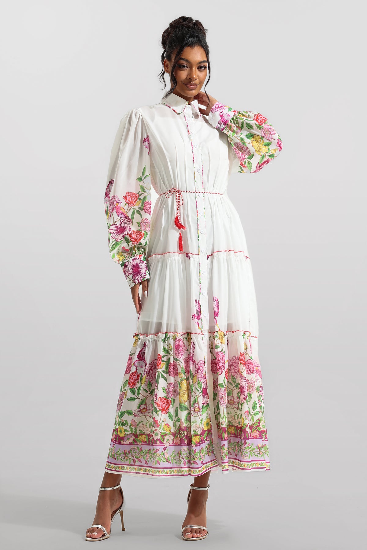 Shirt Collar Long Sleeve Midi Dress