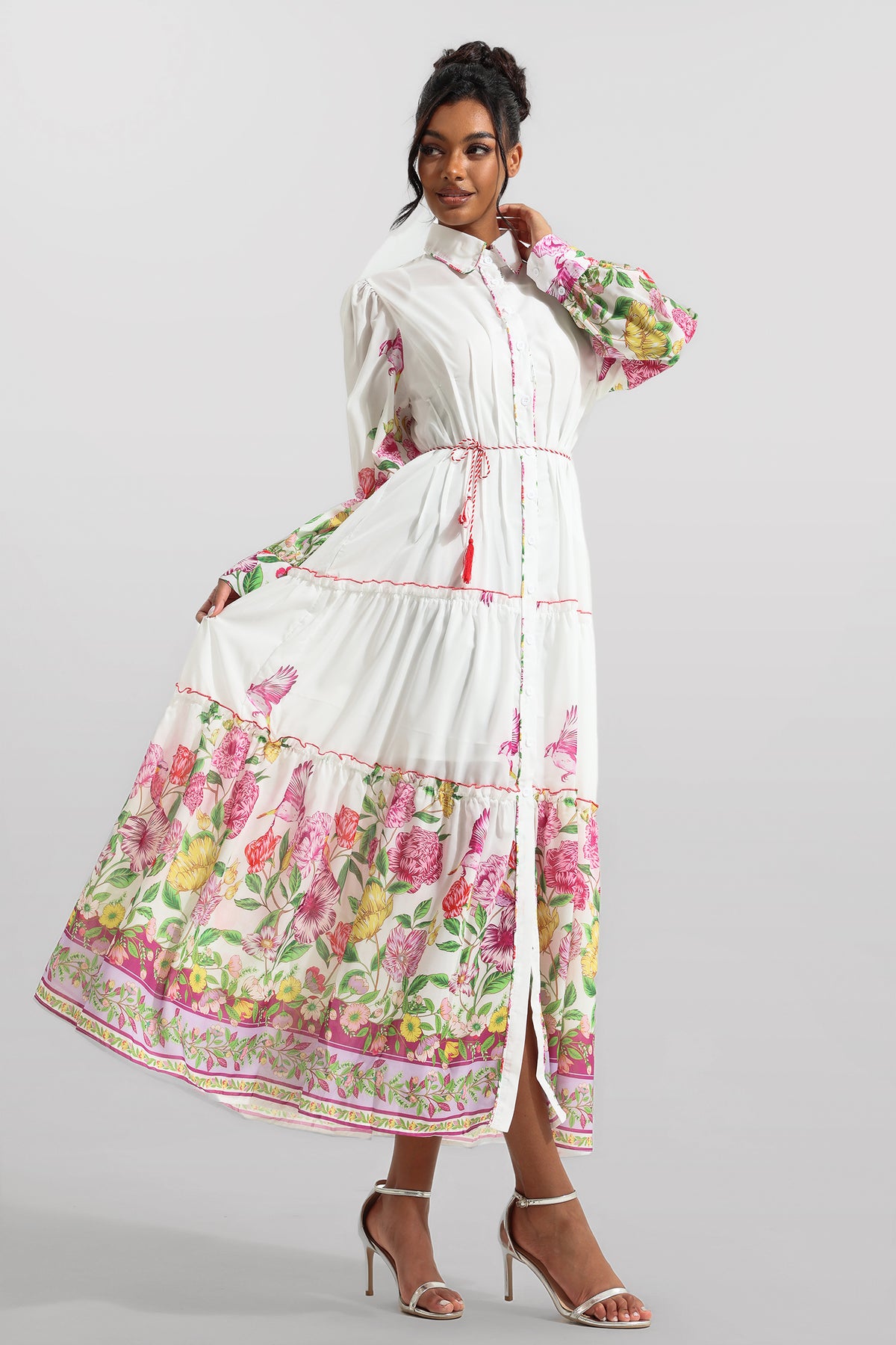 Shirt Collar Long Sleeve Midi Dress