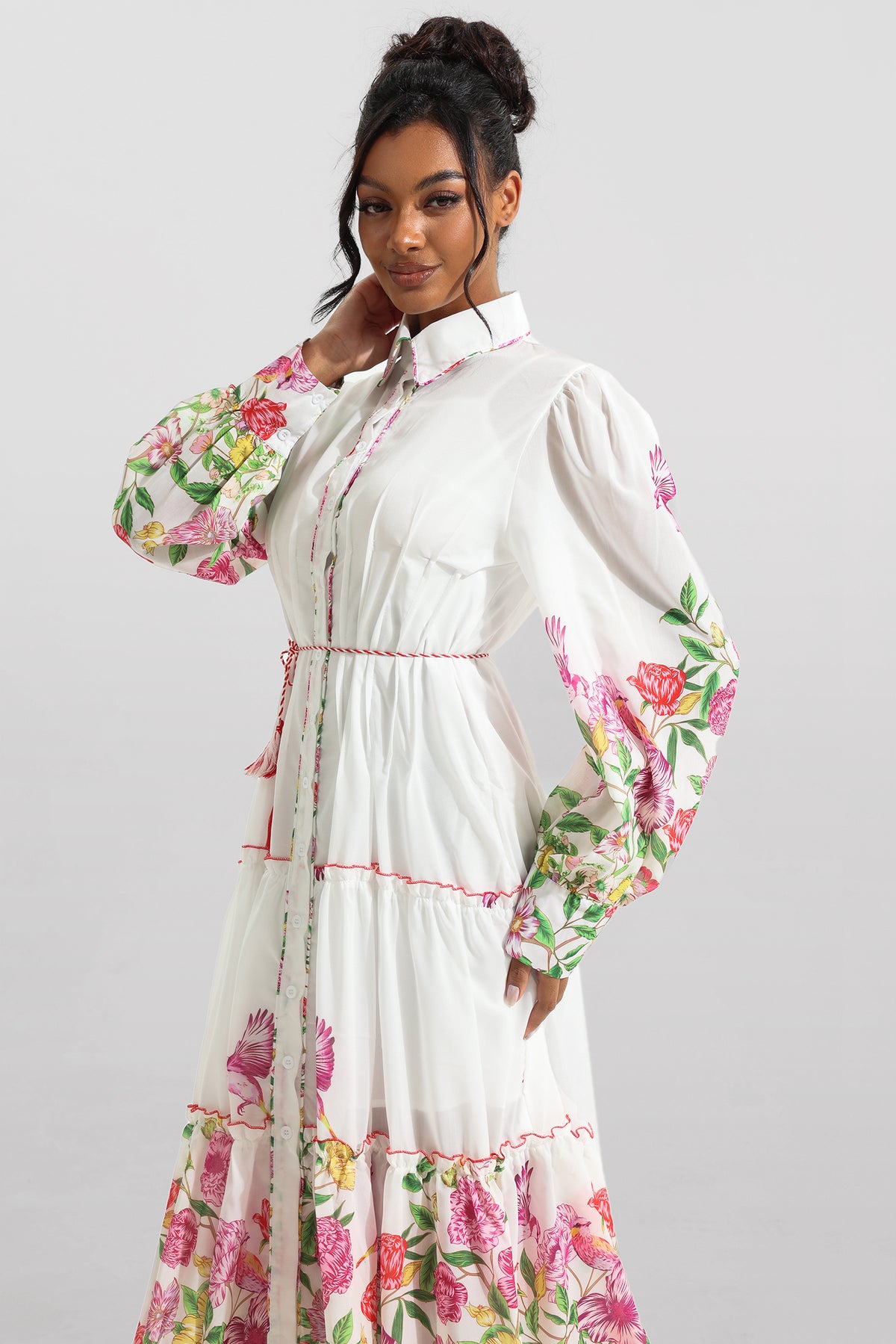 Shirt Collar Long Sleeve Midi Dress