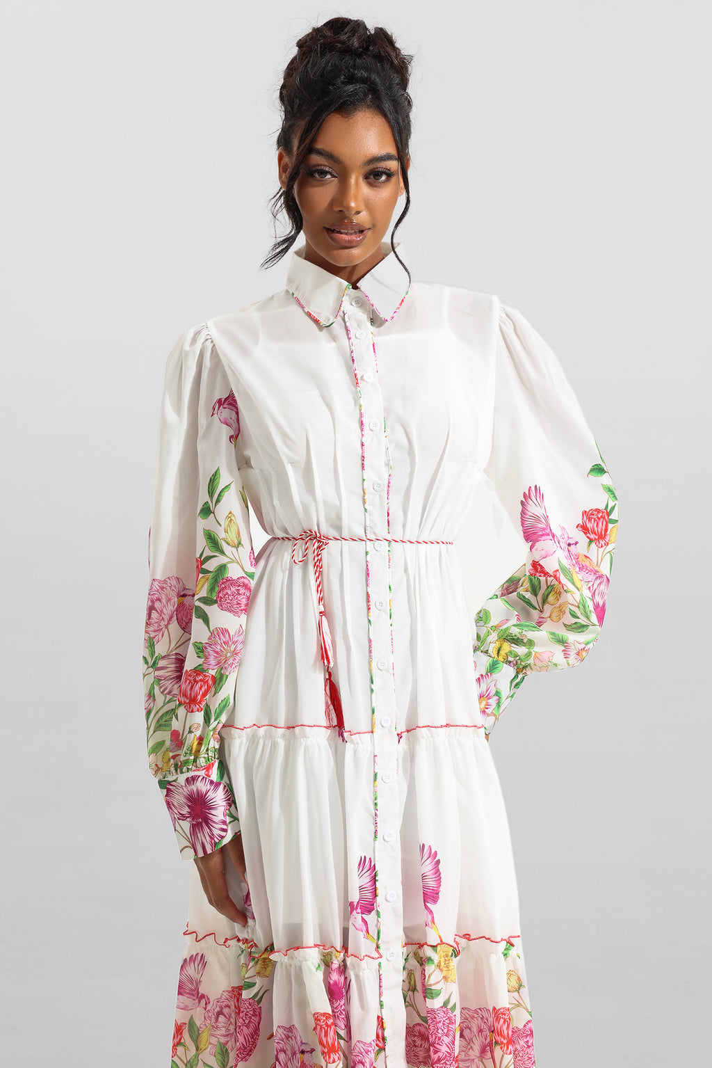 Shirt Collar Long Sleeve Midi Dress