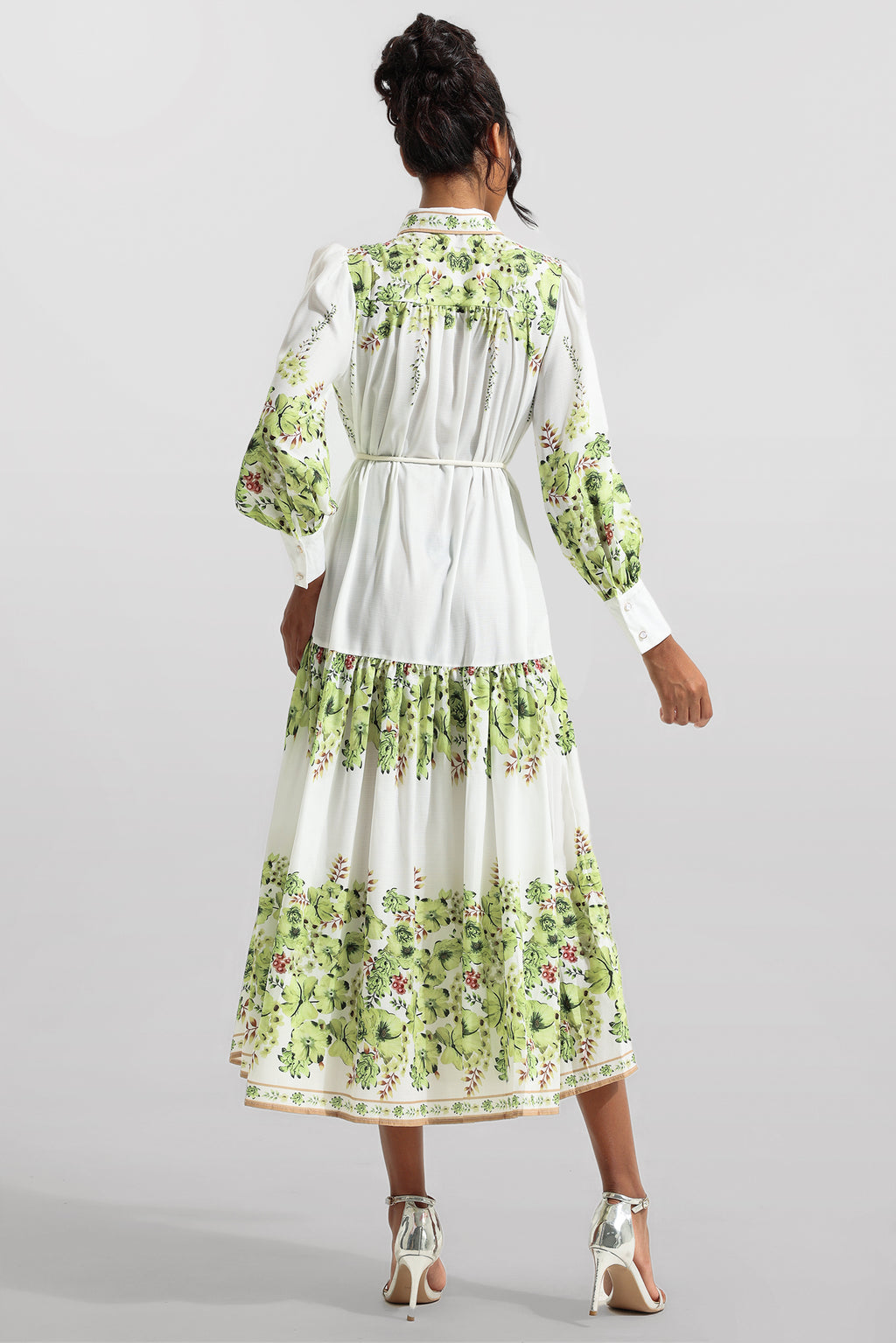 Lantern Sleeve Bottom Midi Dress With Belt