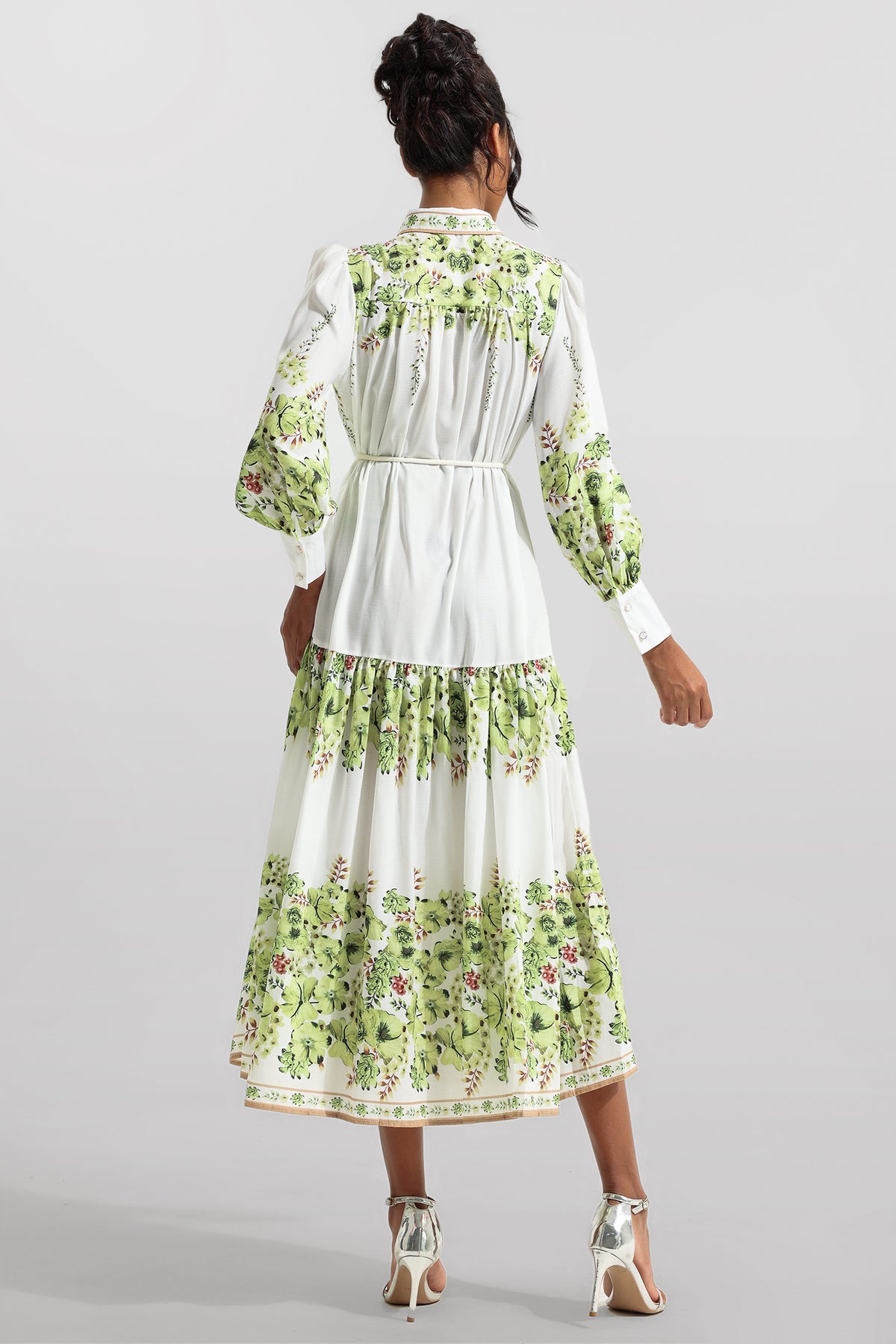 Lantern Sleeve Bottom Midi Dress With Belt