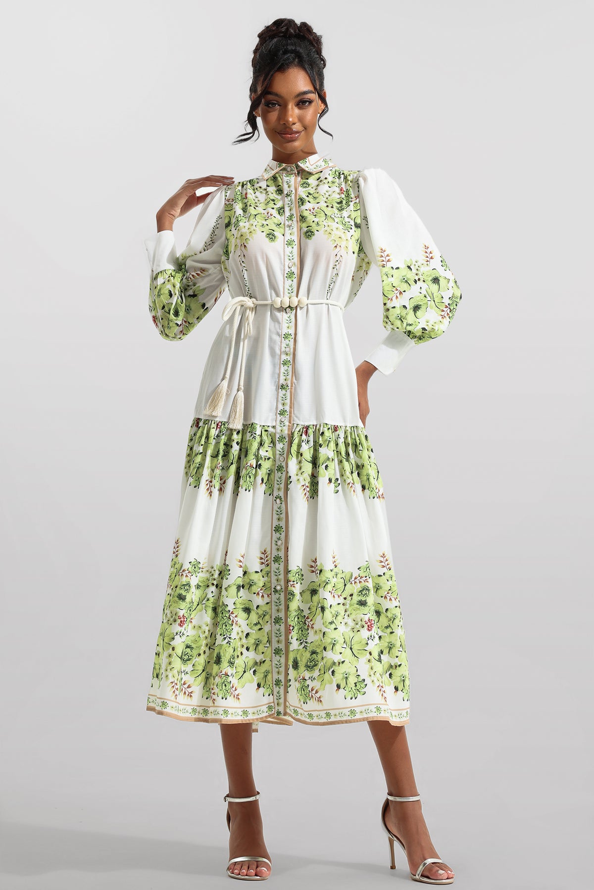 Lantern Sleeve Bottom Midi Dress With Belt