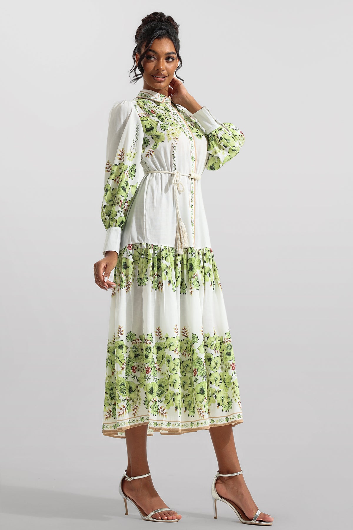 Lantern Sleeve Bottom Midi Dress With Belt