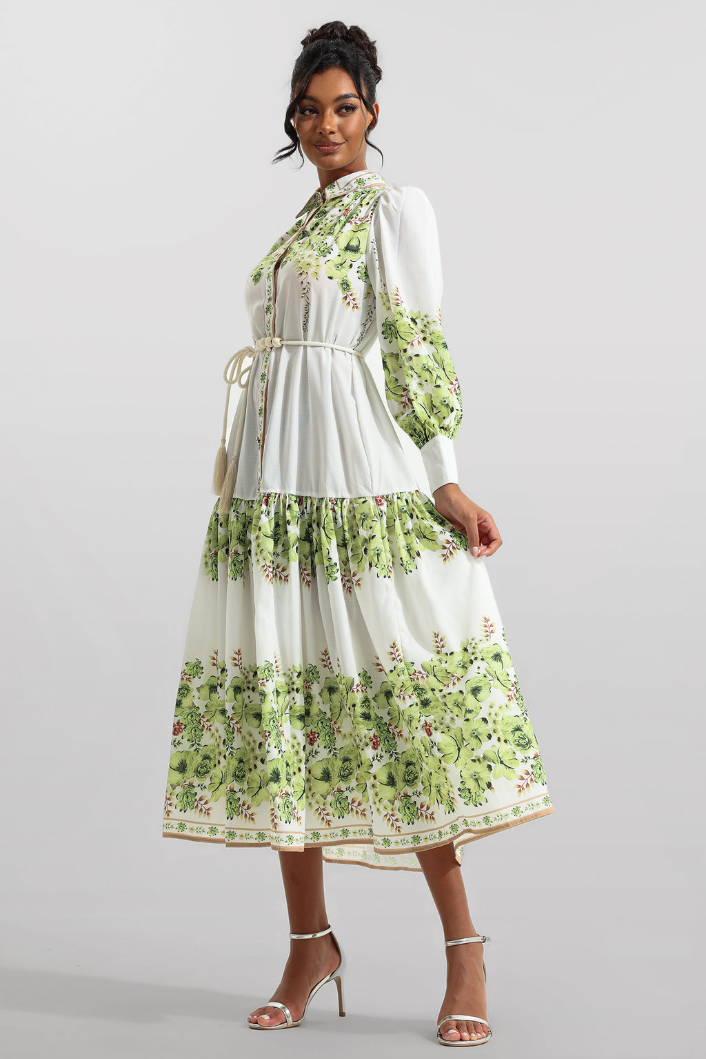 Lantern Sleeve Bottom Midi Dress With Belt