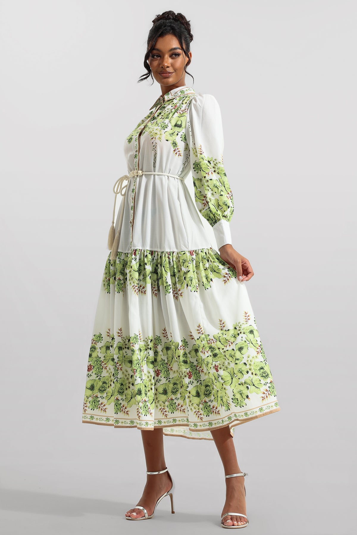 Lantern Sleeve Bottom Midi Dress With Belt