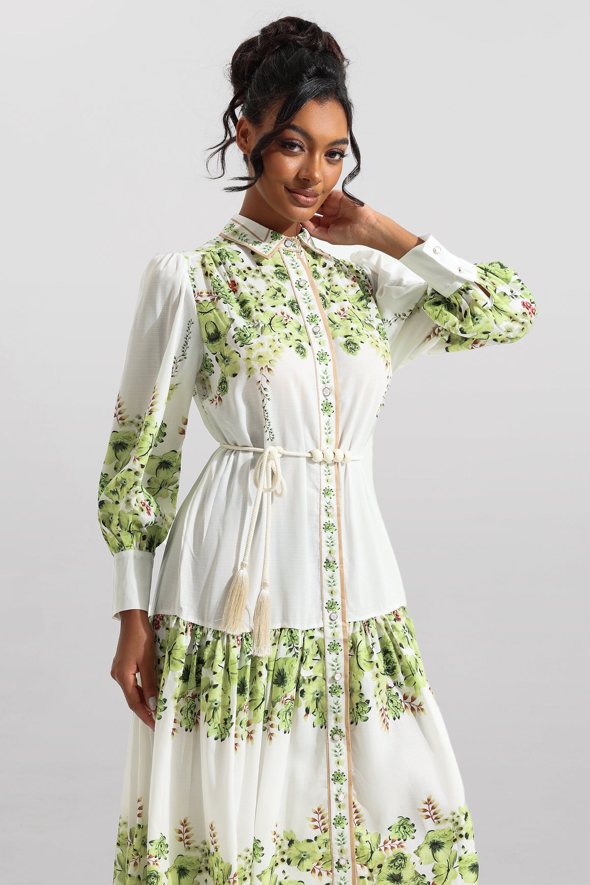 Lantern Sleeve Bottom Midi Dress With Belt