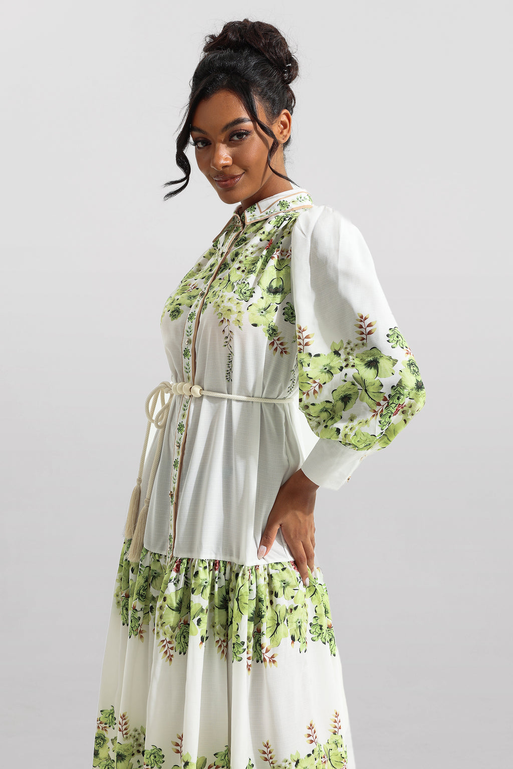 Lantern Sleeve Bottom Midi Dress With Belt