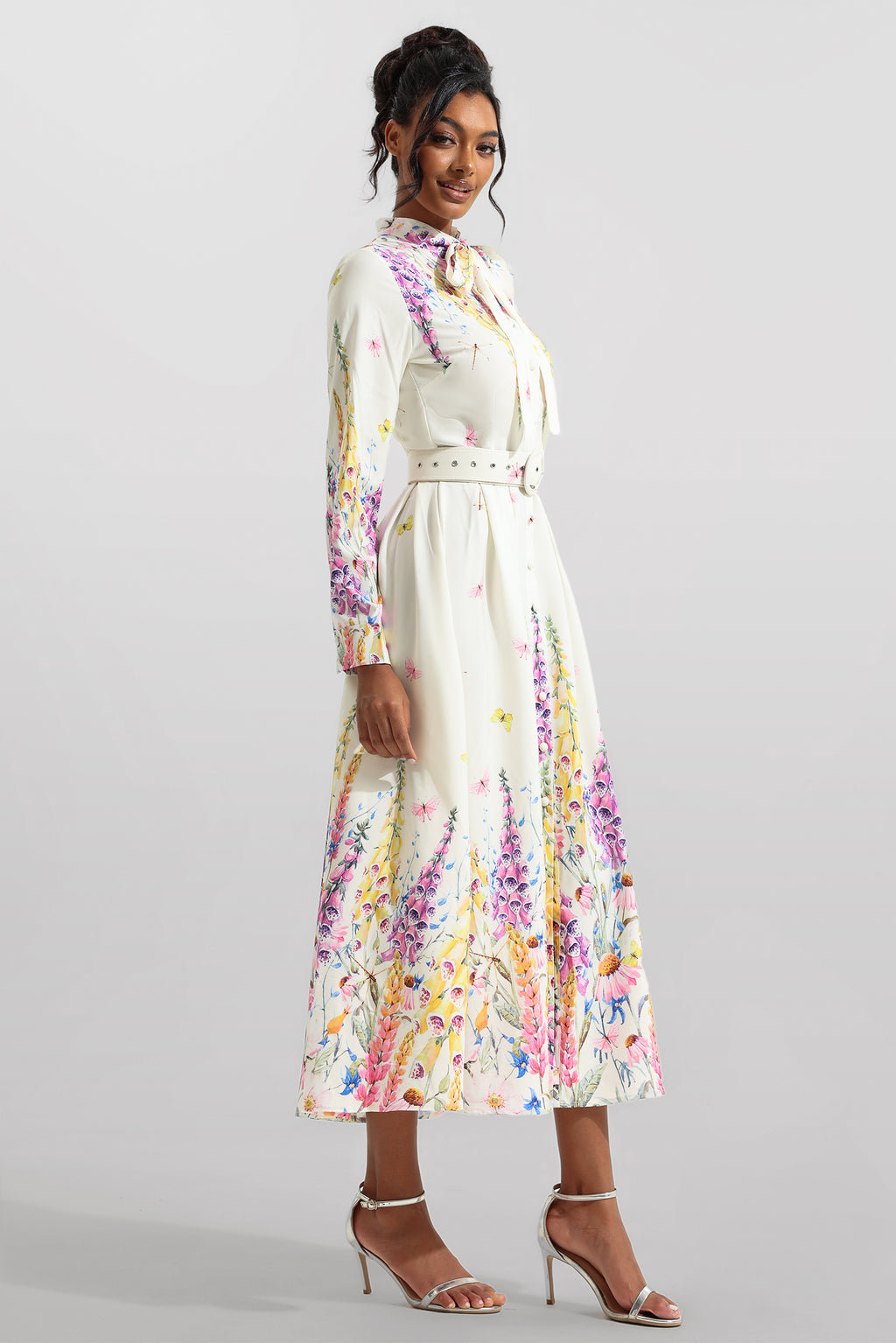 Bottom Lantern Sleeve Midi Dress With Belt