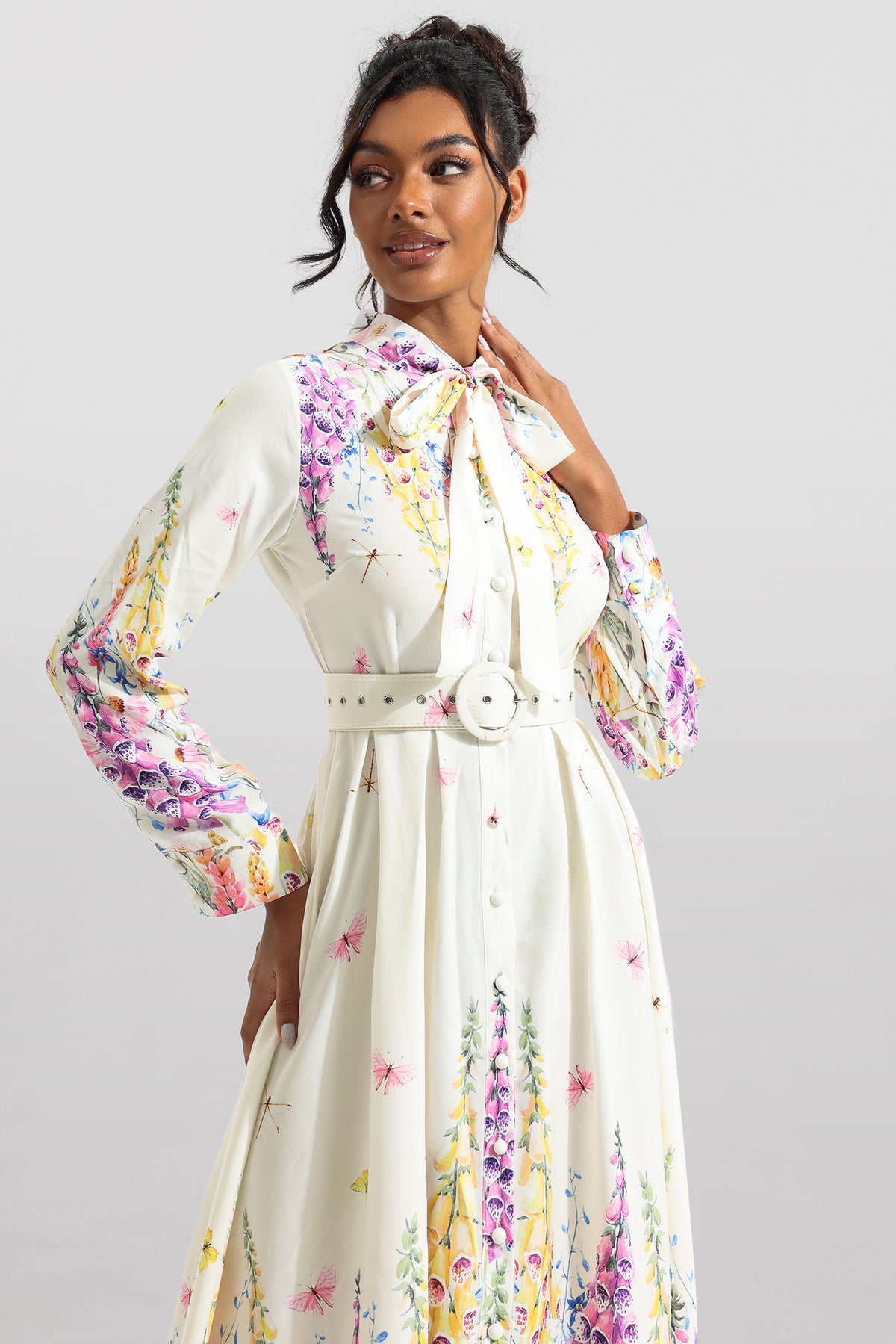 Bottom Lantern Sleeve Midi Dress With Belt