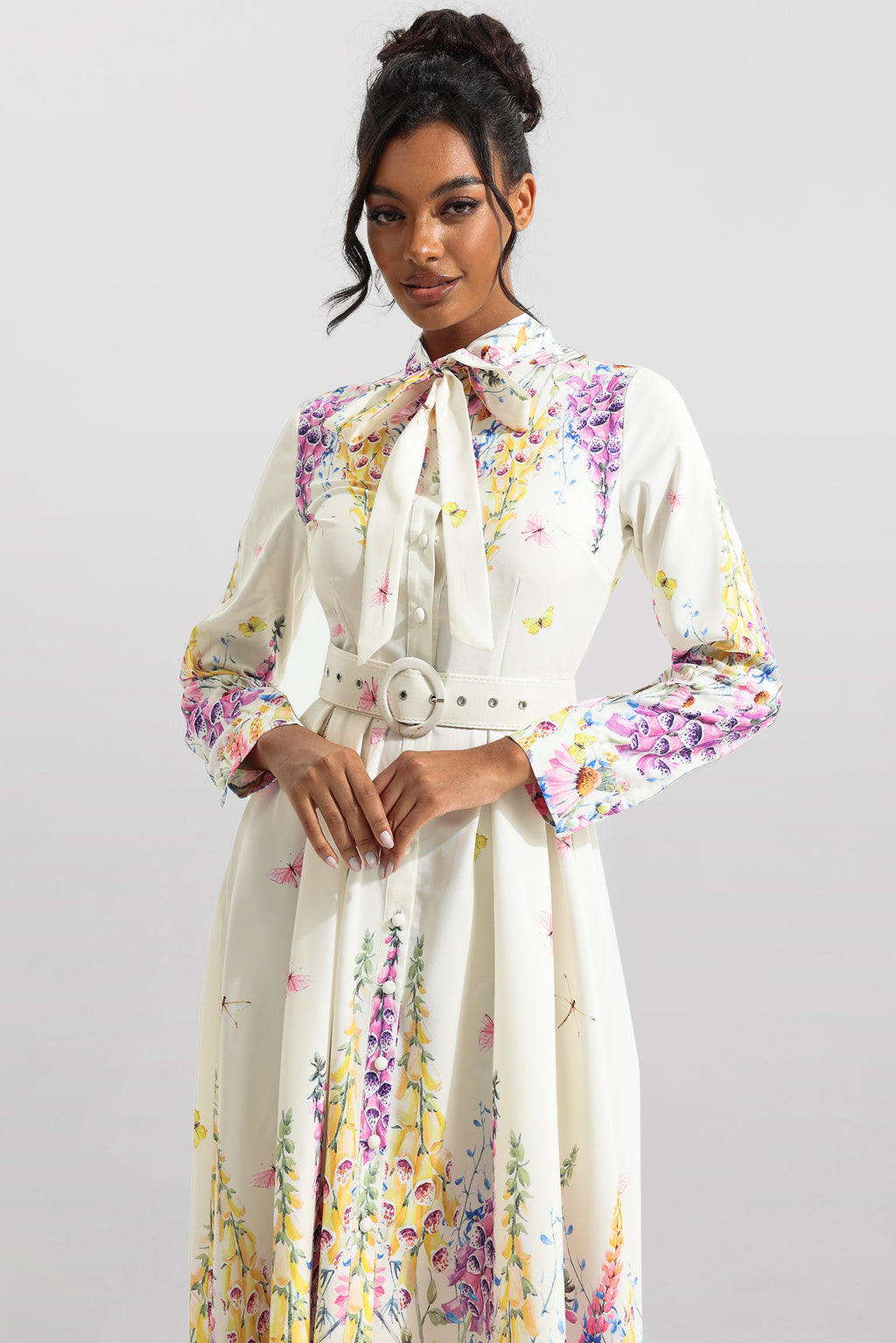 Bottom Lantern Sleeve Midi Dress With Belt