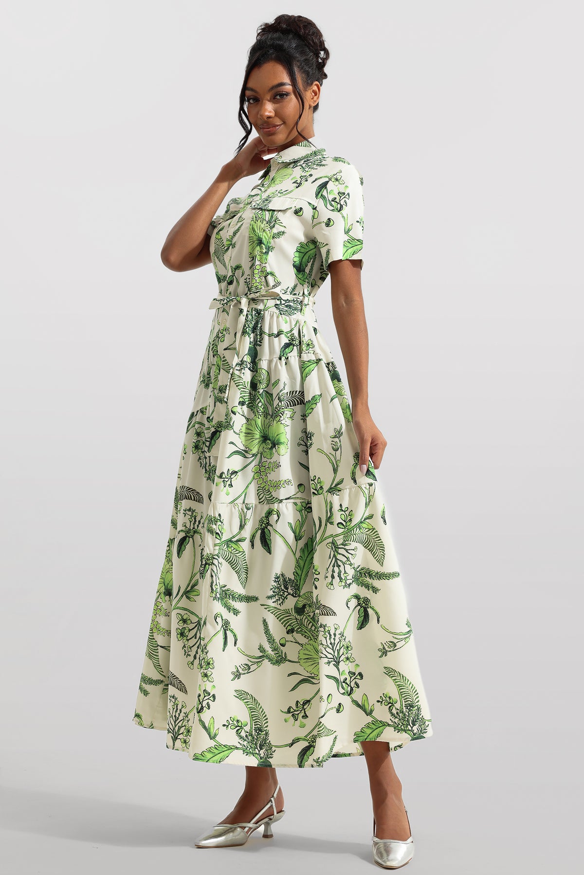 Shirt Collar Single Breasted Midi Dress With Belt