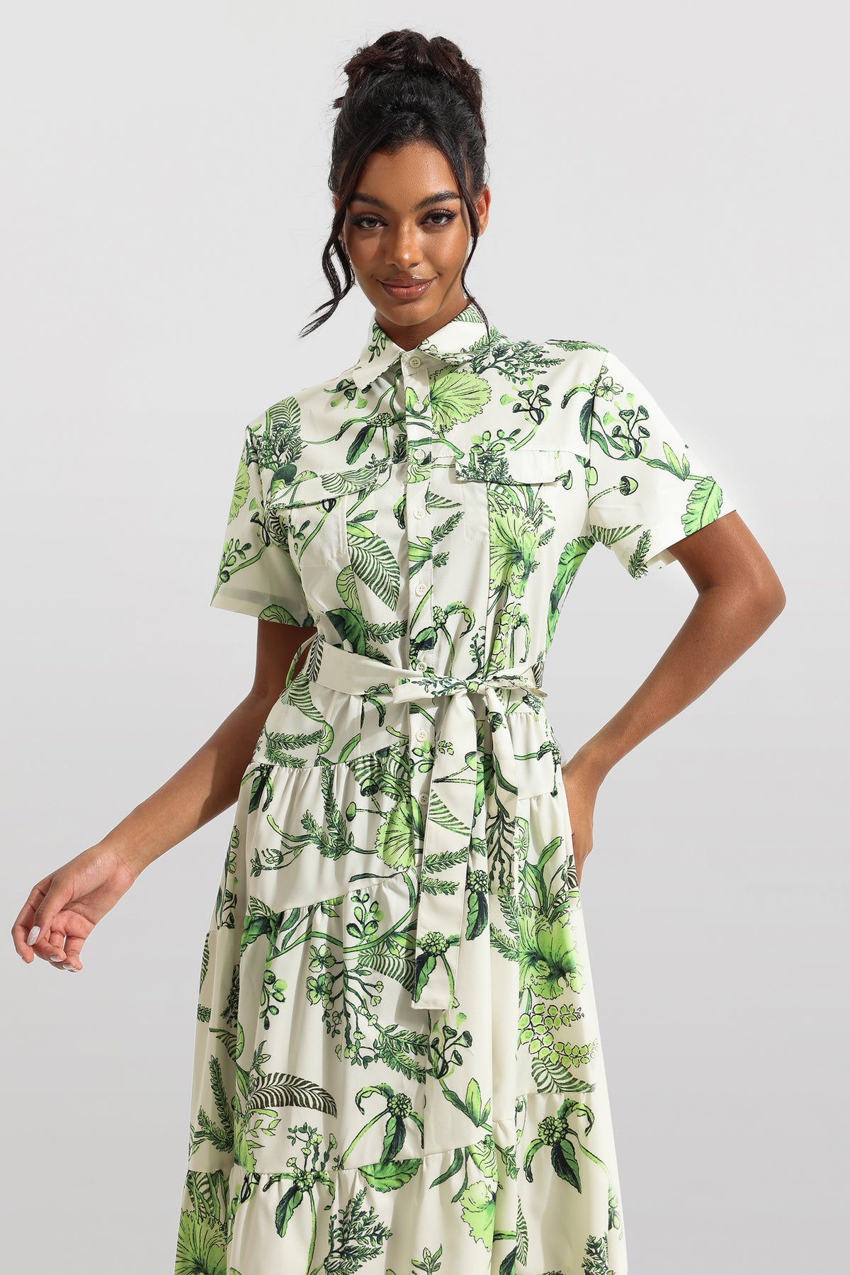 Shirt Collar Single Breasted Midi Dress With Belt