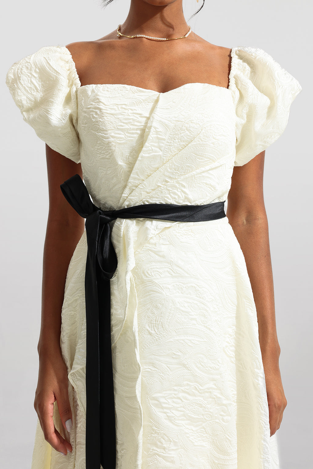 Jacquard Puff Sleeve Midi Dress