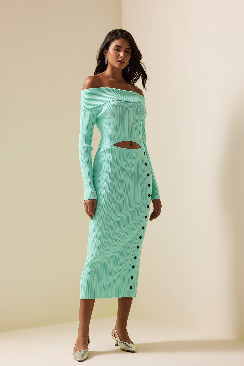 Knit Cut-out Long Sleeve Midi Dress