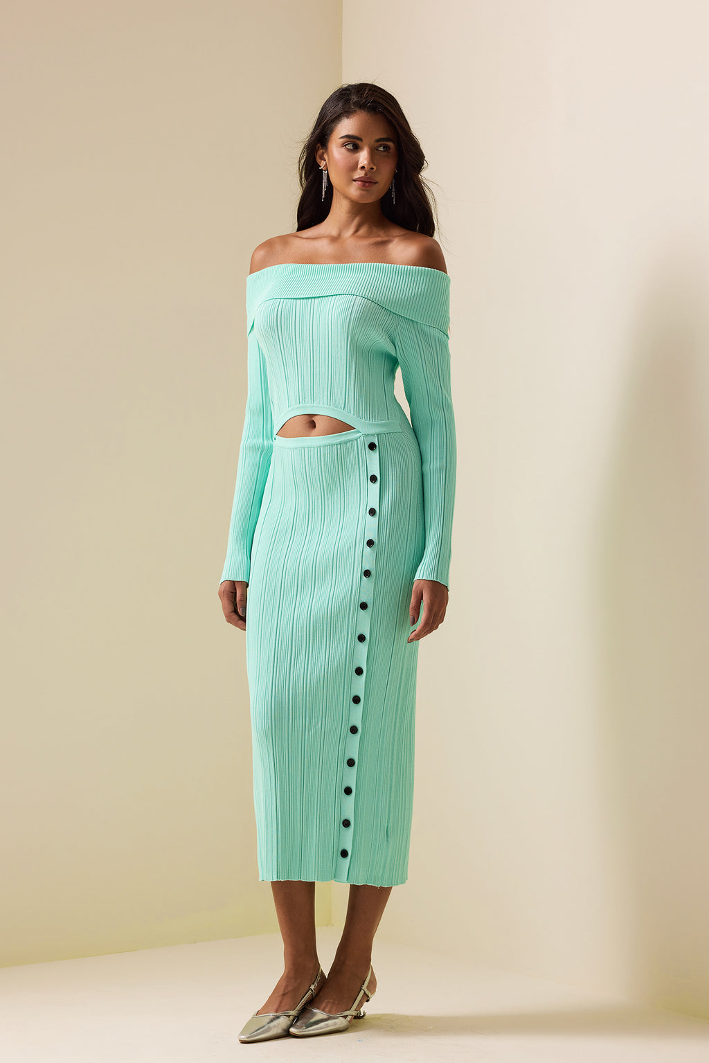 Knit Cut-out Long Sleeve Midi Dress