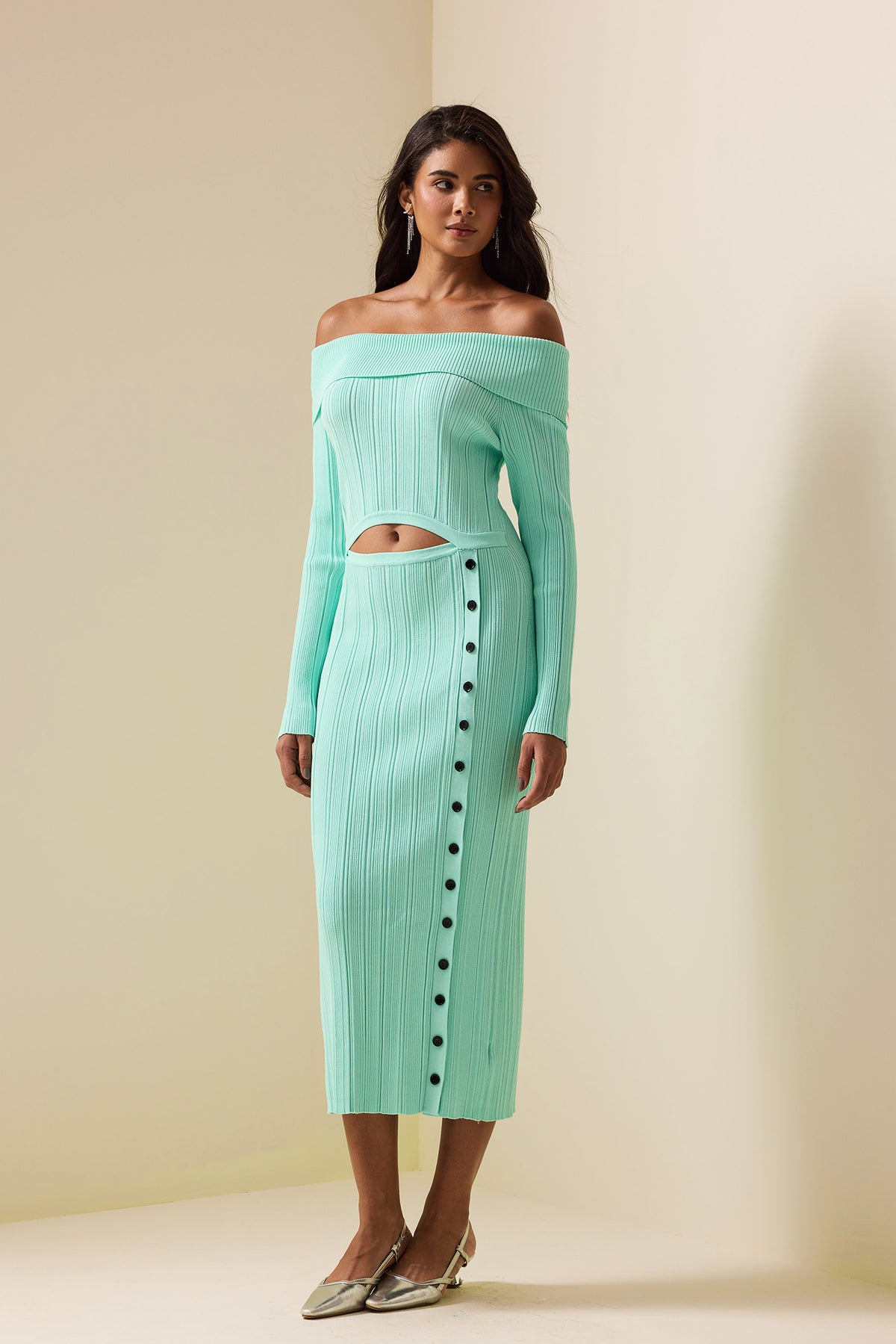 Knit Cut-out Long Sleeve Midi Dress