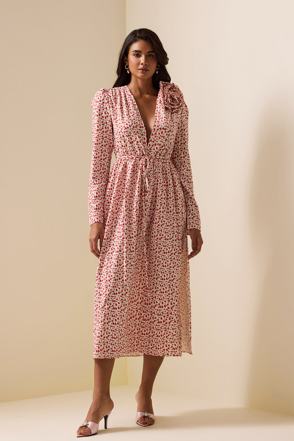 3d Long Sleeve Split Midi Dress