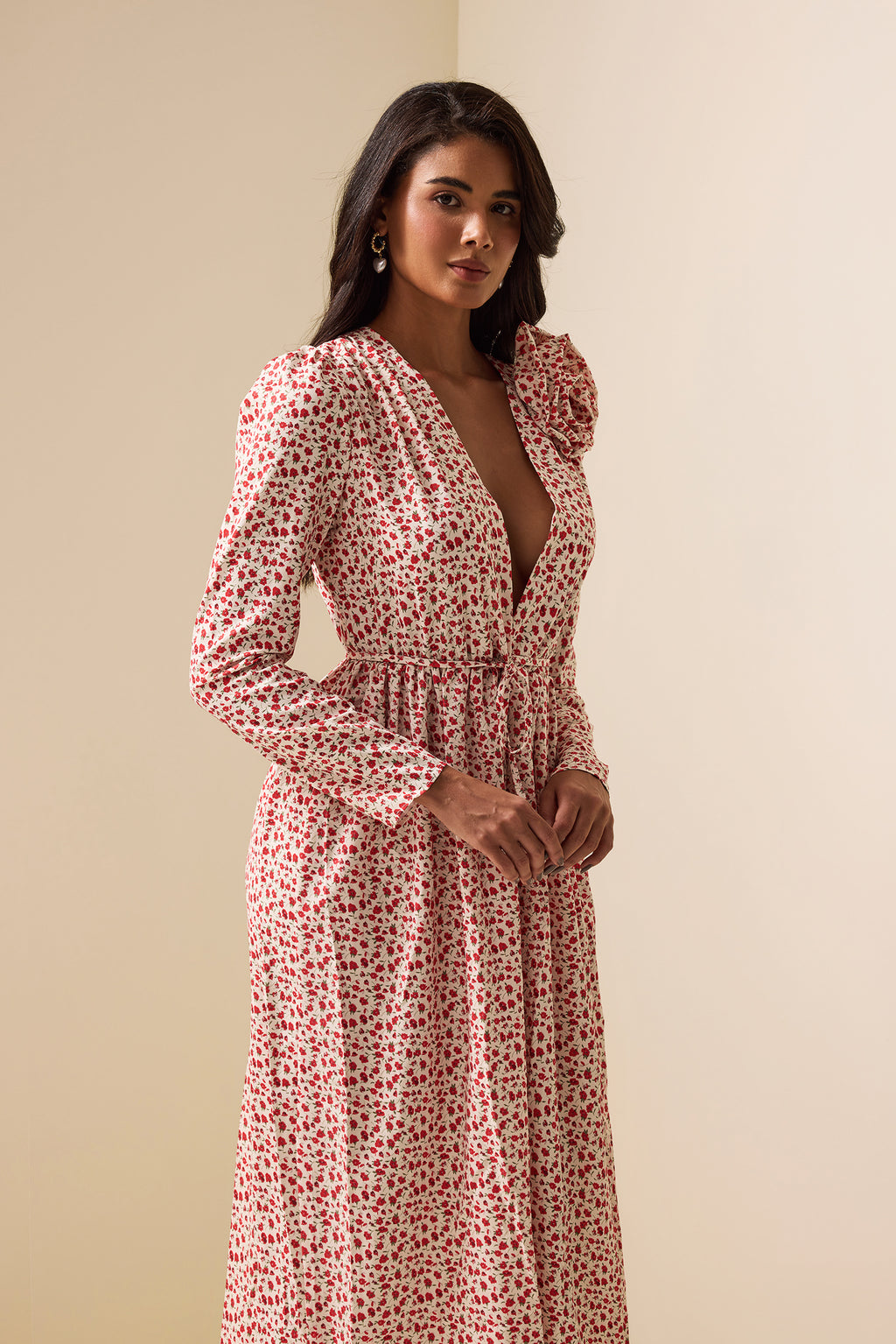 3d Long Sleeve Split Midi Dress
