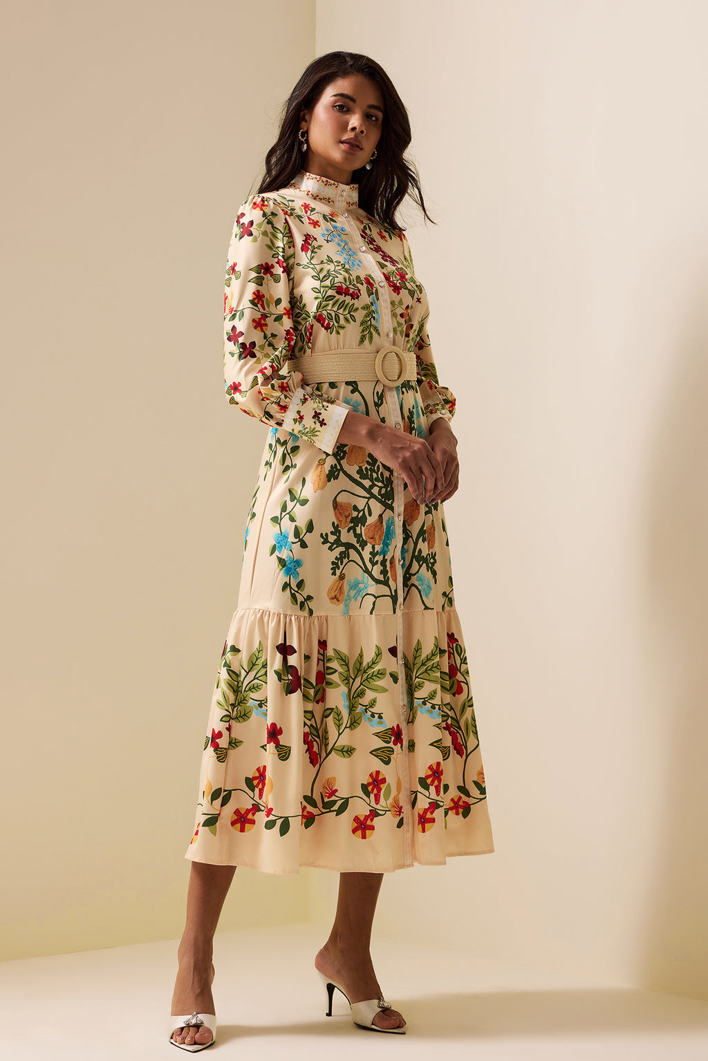 Bottom Lantern Sleeve Midi Dress With Belt