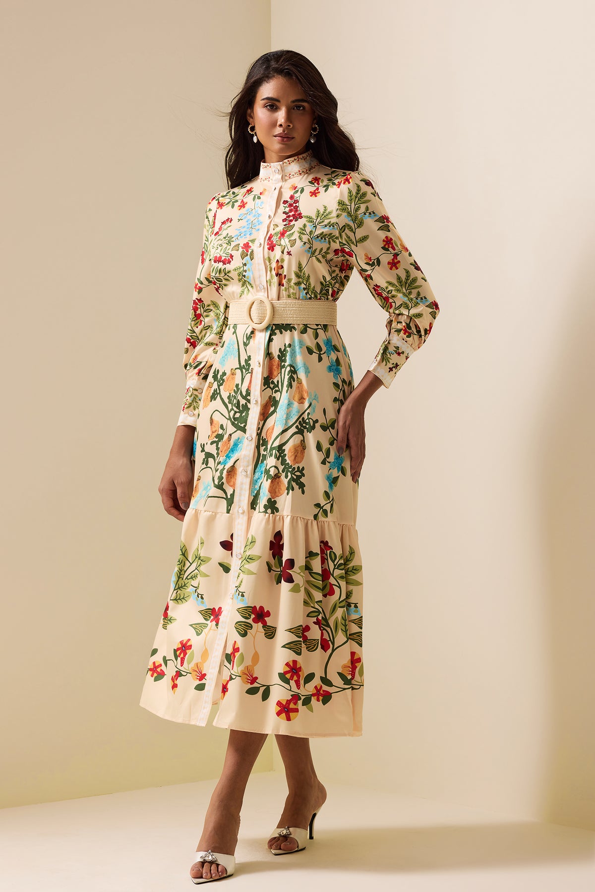 Bottom Lantern Sleeve Midi Dress With Belt