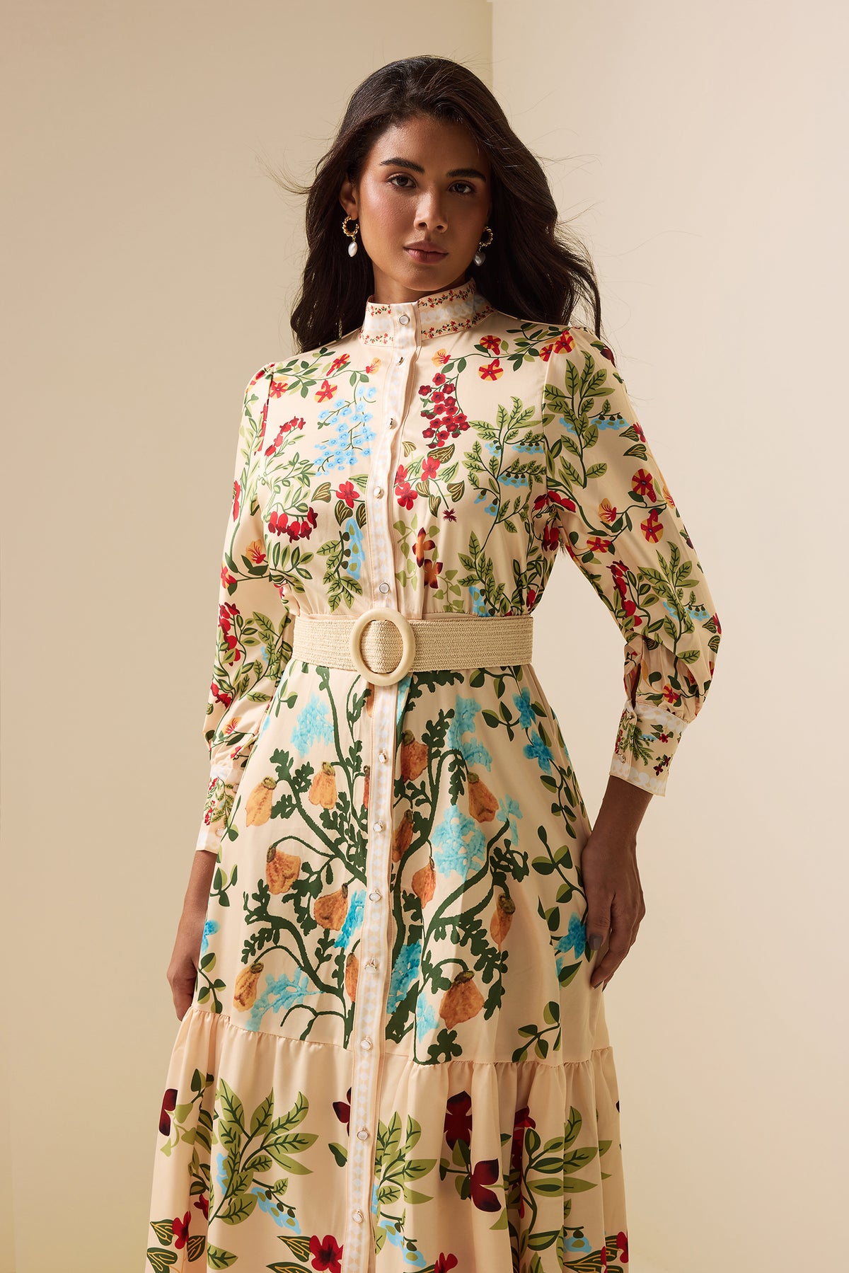 Bottom Lantern Sleeve Midi Dress With Belt