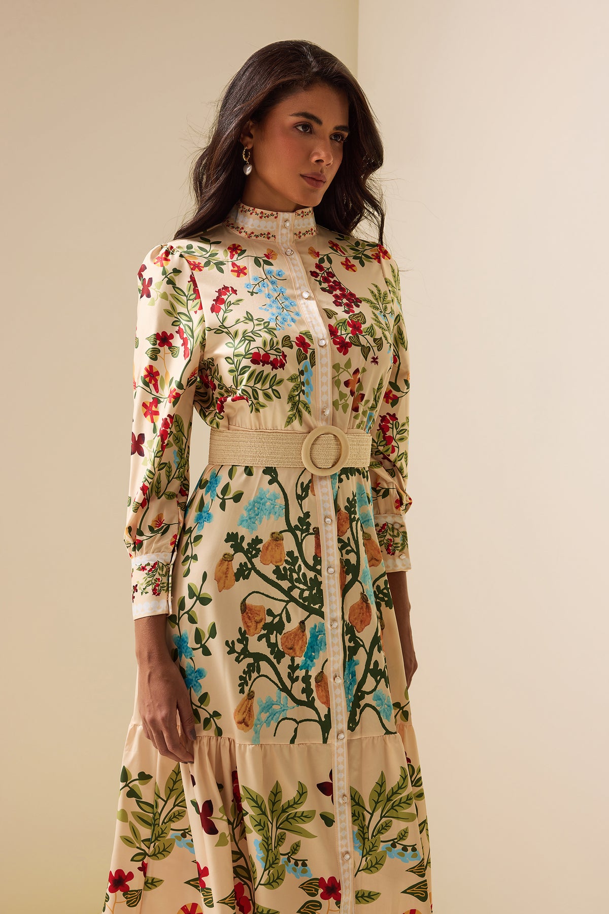 Bottom Lantern Sleeve Midi Dress With Belt
