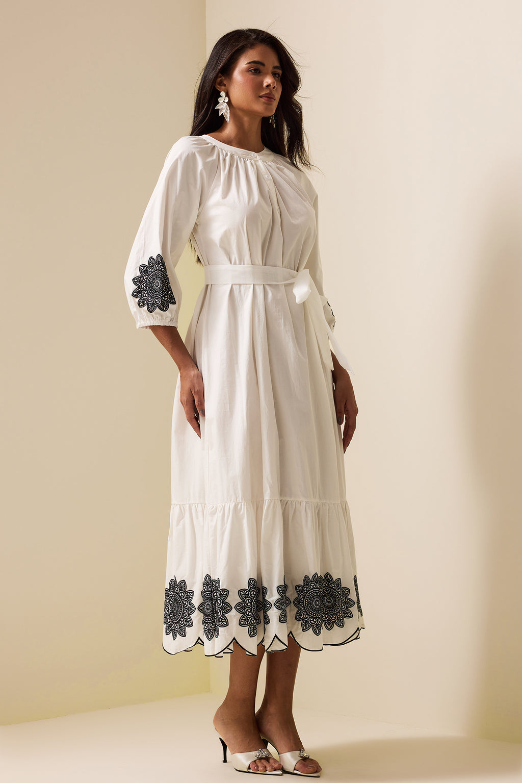 Embroidered Raglan Sleeve Midi Dress With Belt
