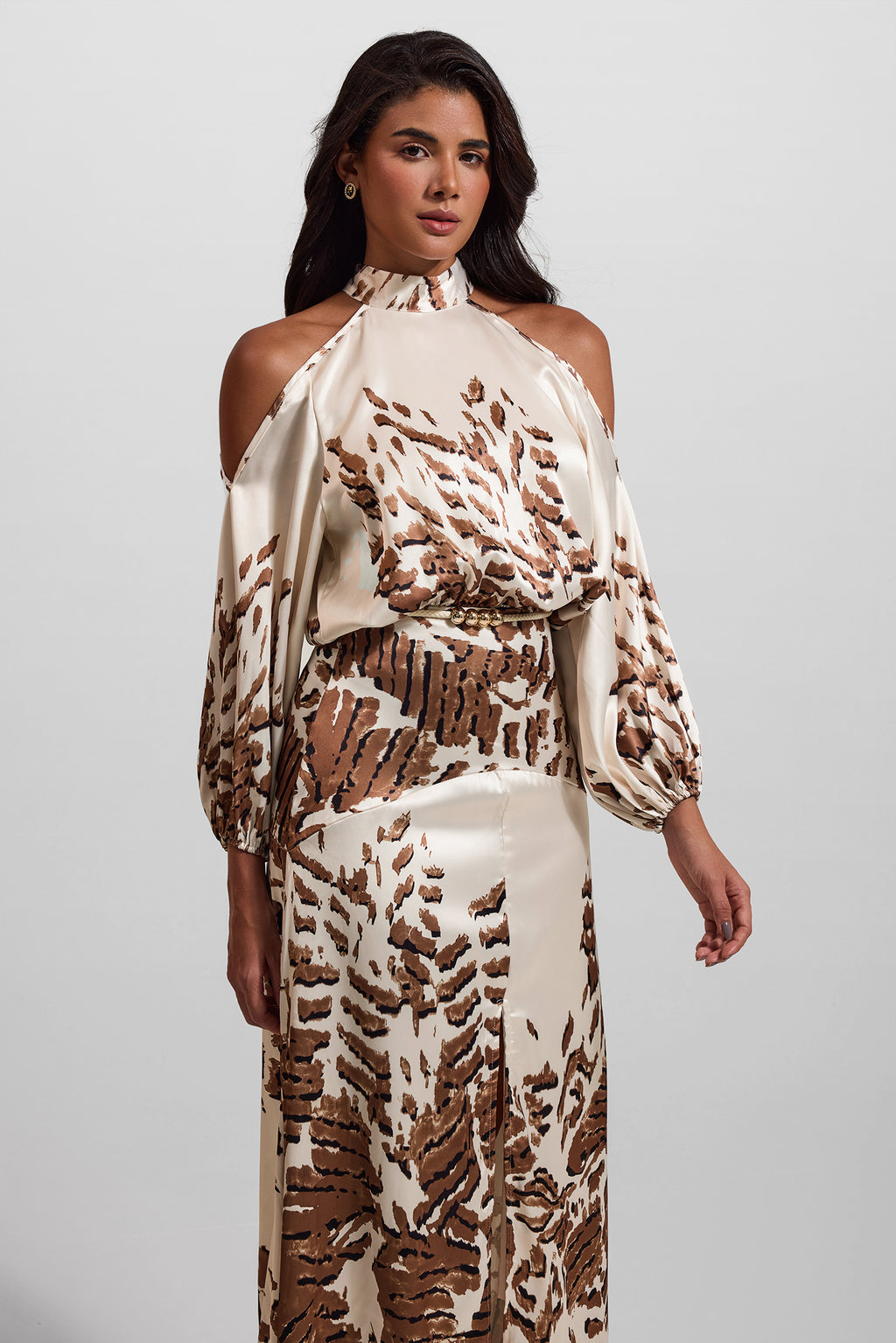 Abstract Print Cut-out Puff Sleeve Maxi Dress