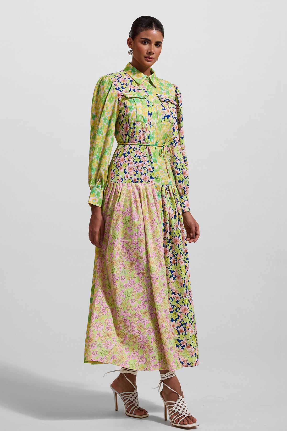 Lantern Sleeve Bottom Midi Dress With Belt