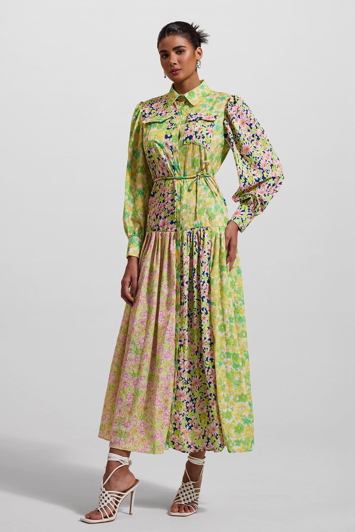 Lantern Sleeve Bottom Midi Dress With Belt