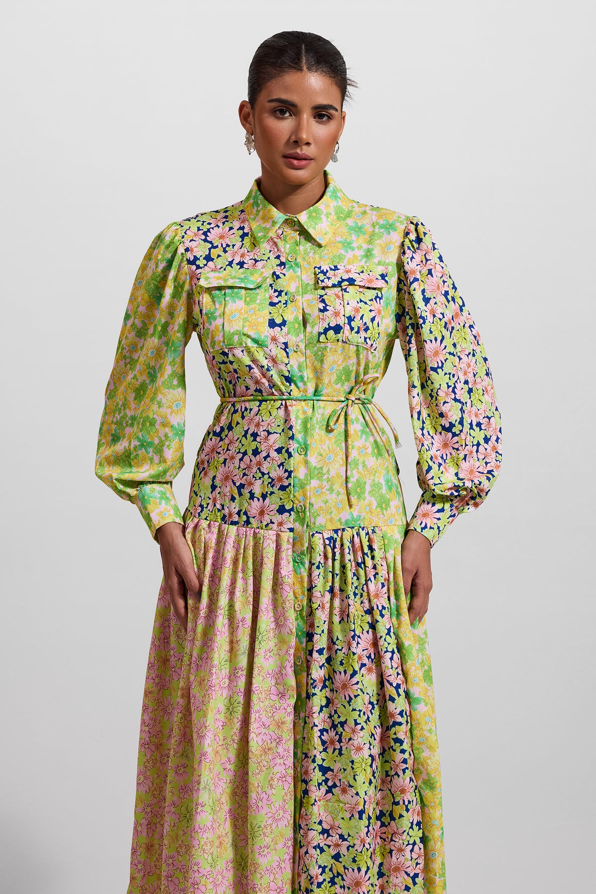 Lantern Sleeve Bottom Midi Dress With Belt