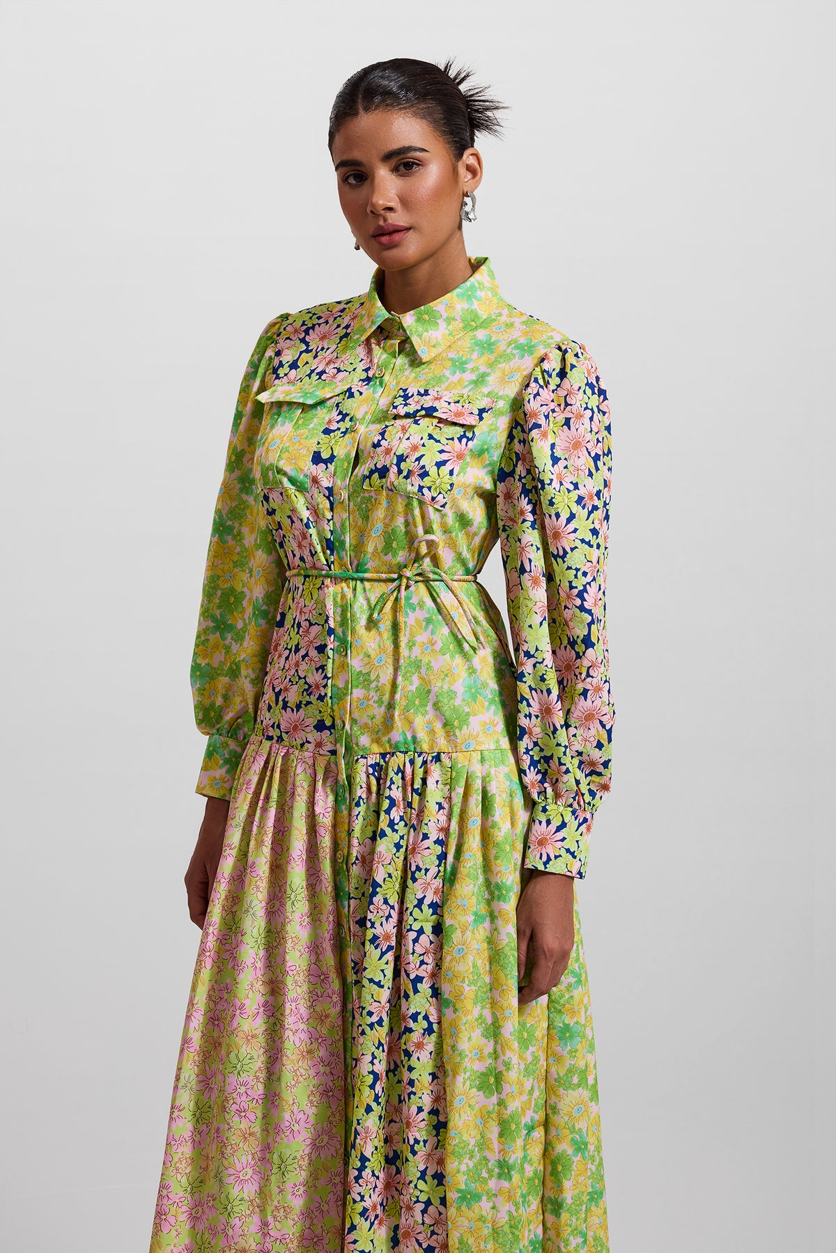 Lantern Sleeve Bottom Midi Dress With Belt