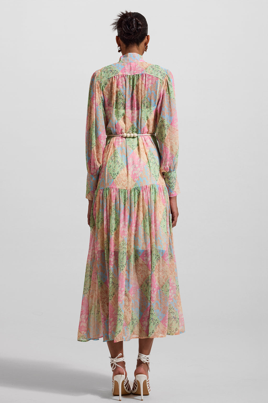 Lantern Sleeve Stand Collar Midi Dress