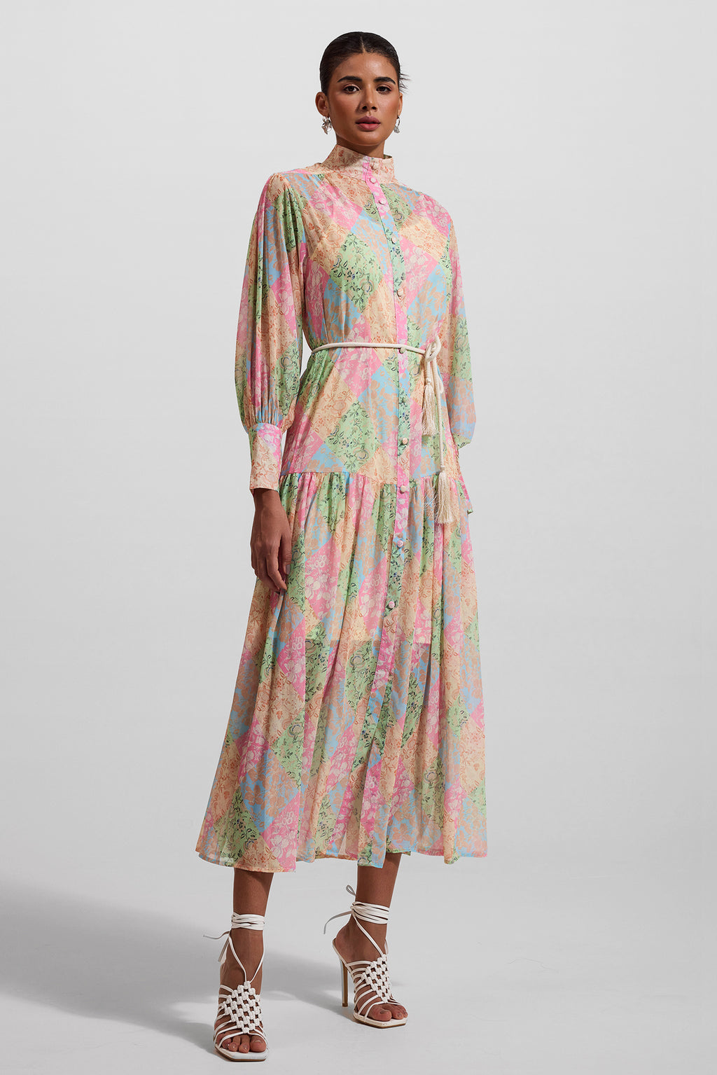 Lantern Sleeve Stand Collar Midi Dress