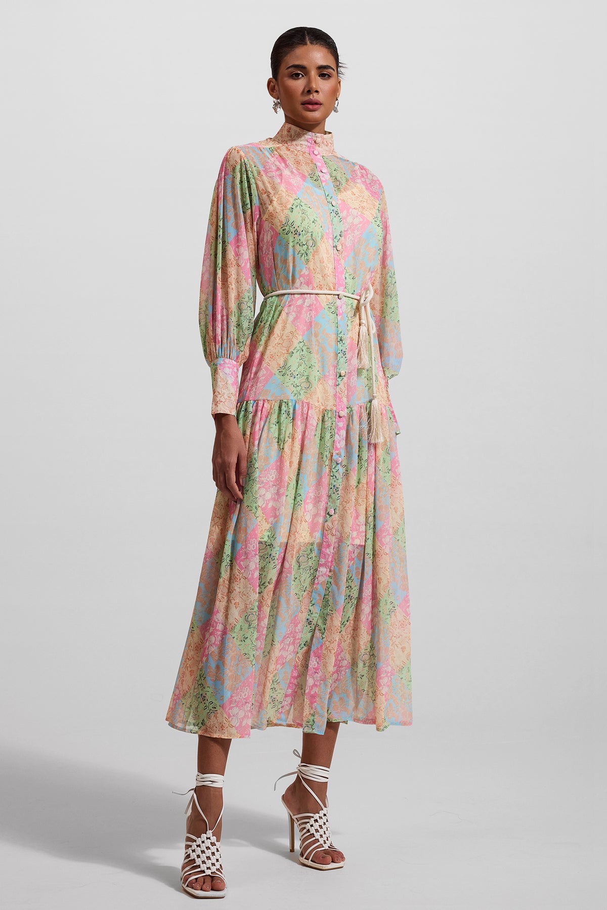 Lantern Sleeve Stand Collar Midi Dress