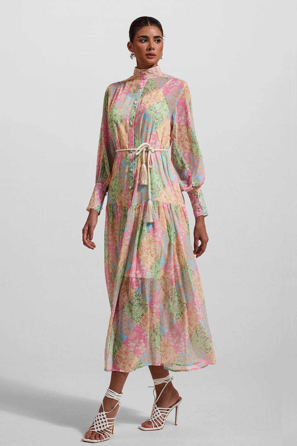 Lantern Sleeve Stand Collar Midi Dress