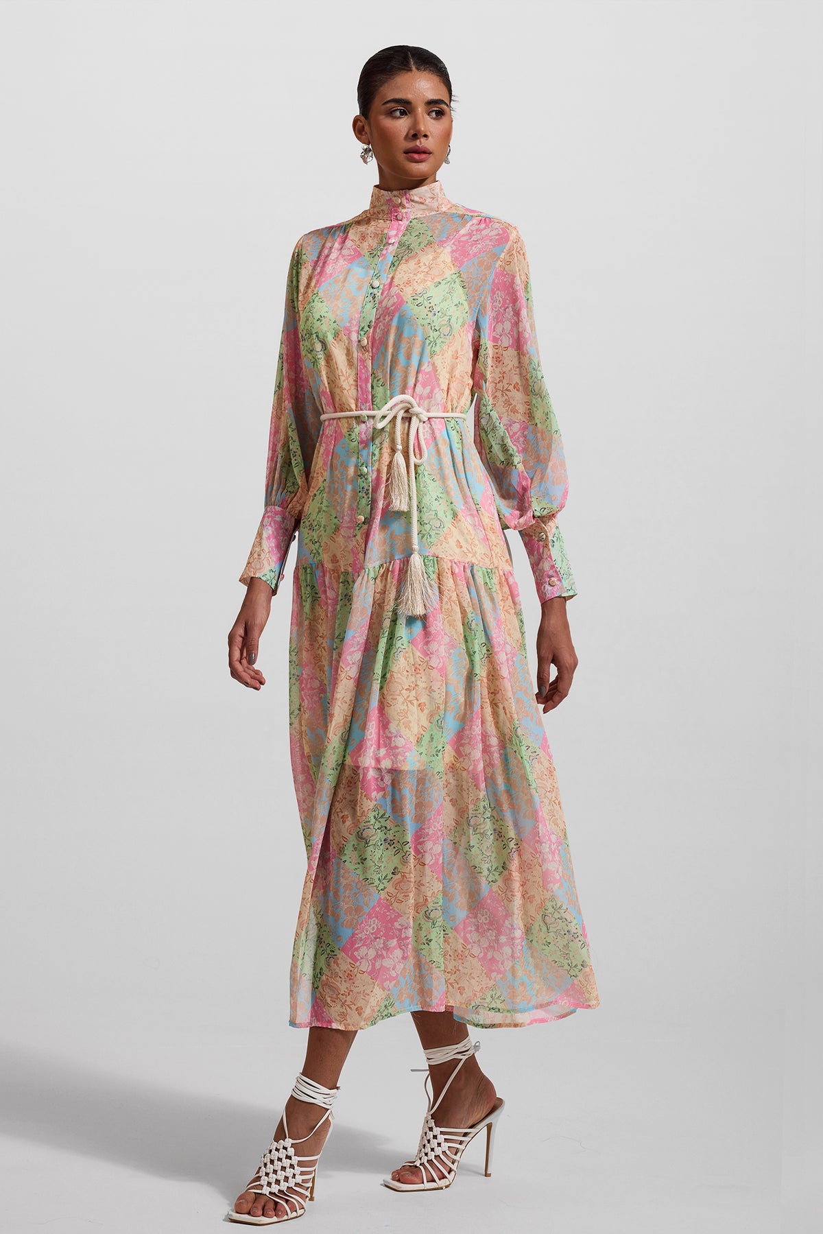 Lantern Sleeve Stand Collar Midi Dress