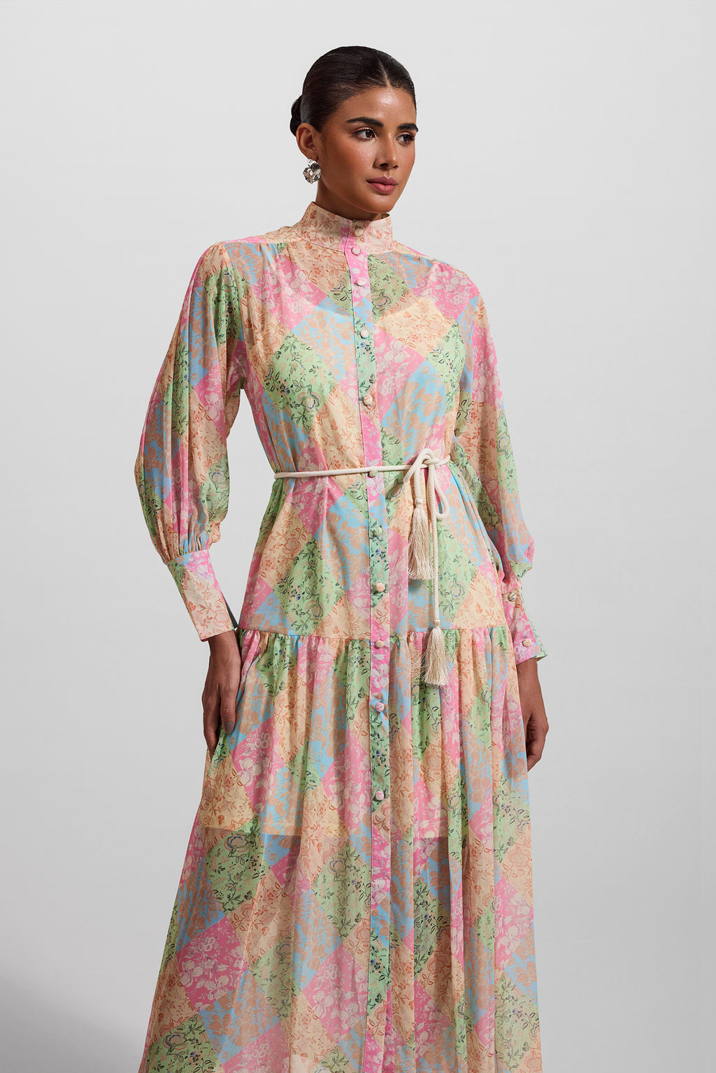 Lantern Sleeve Stand Collar Midi Dress