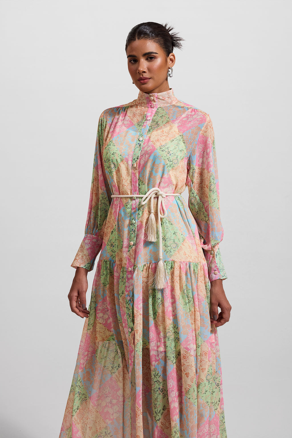 Lantern Sleeve Stand Collar Midi Dress