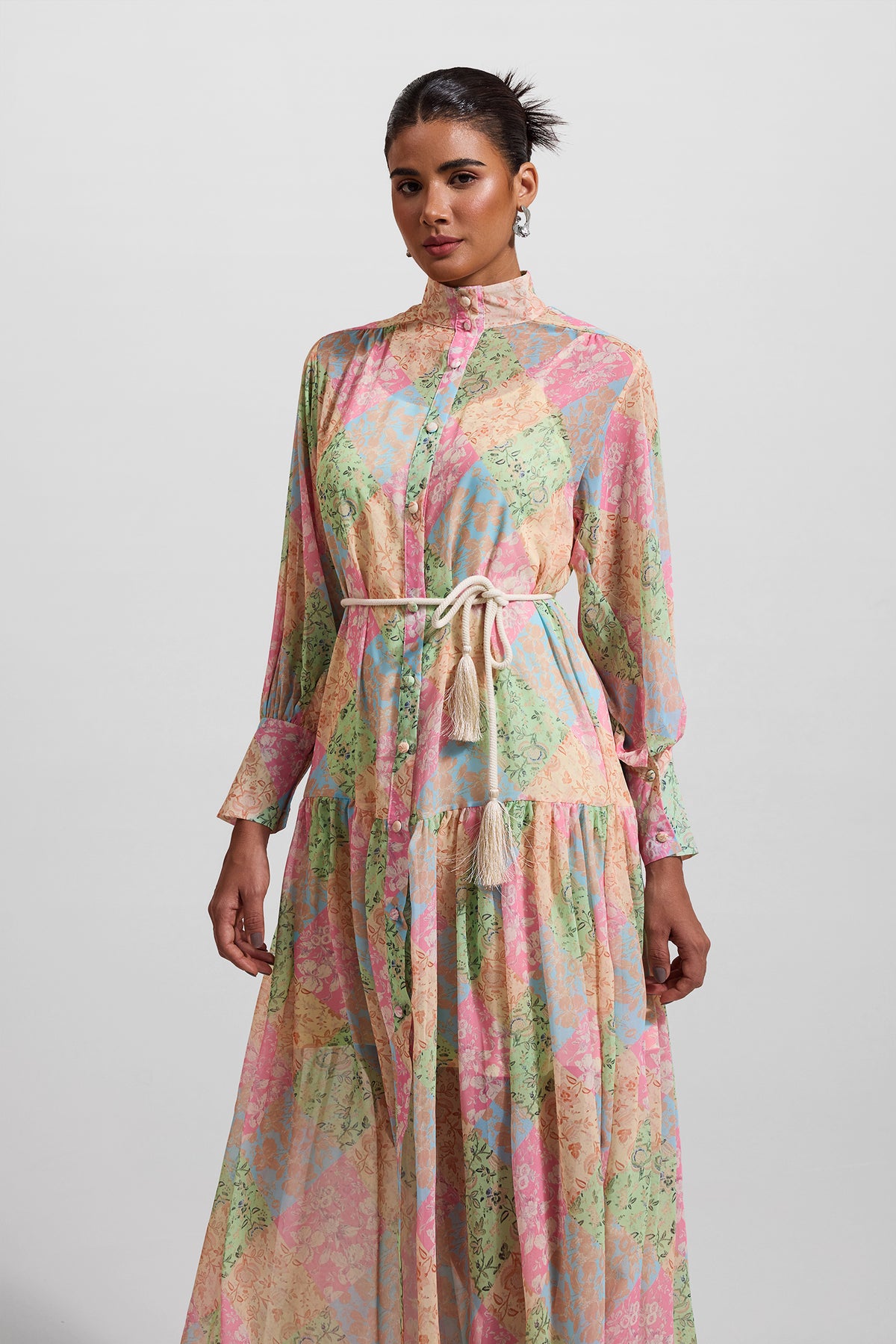 Lantern Sleeve Stand Collar Midi Dress