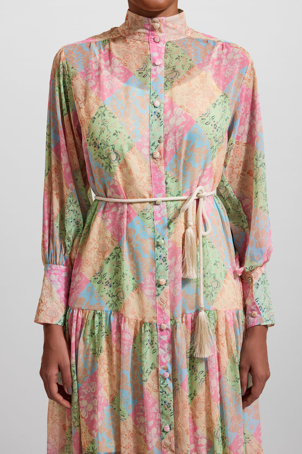 Lantern Sleeve Stand Collar Midi Dress