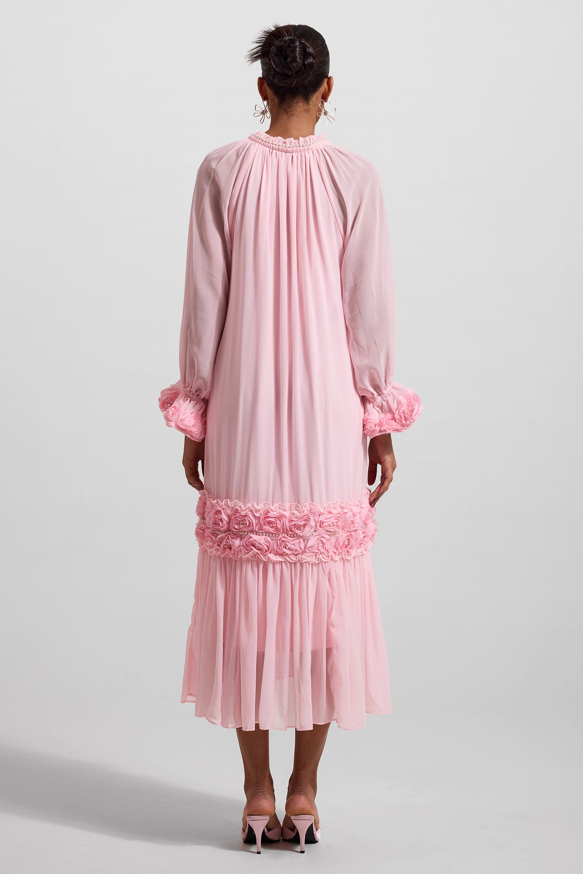 3d Frill Long Sleeve Midi Dress