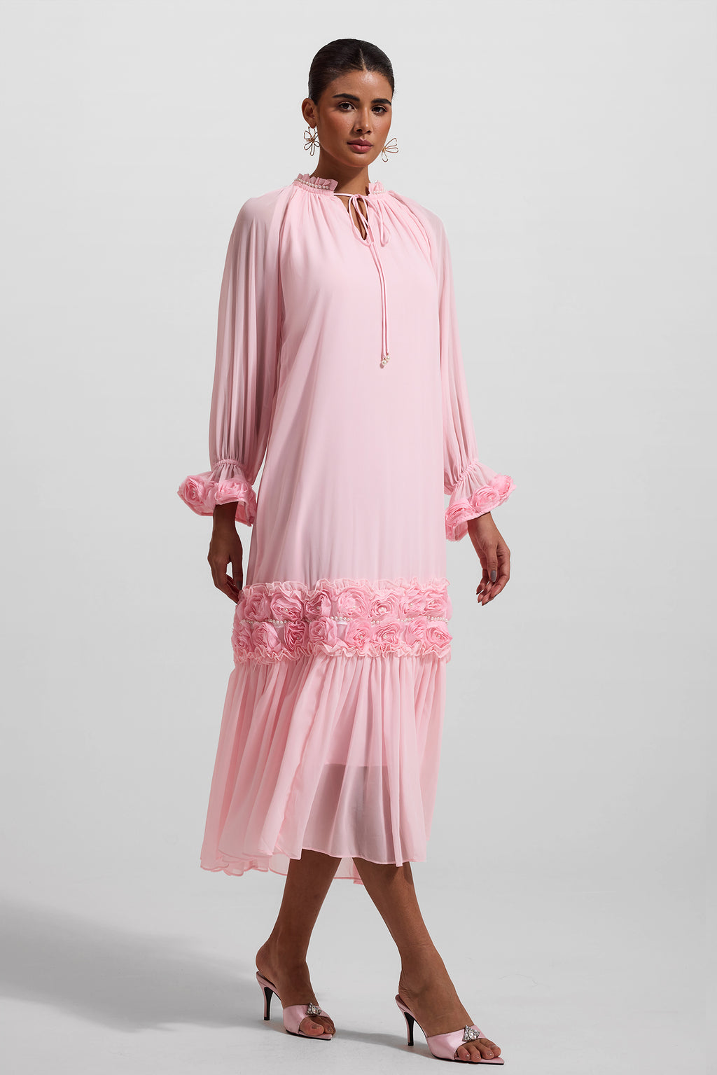 3d Frill Long Sleeve Midi Dress