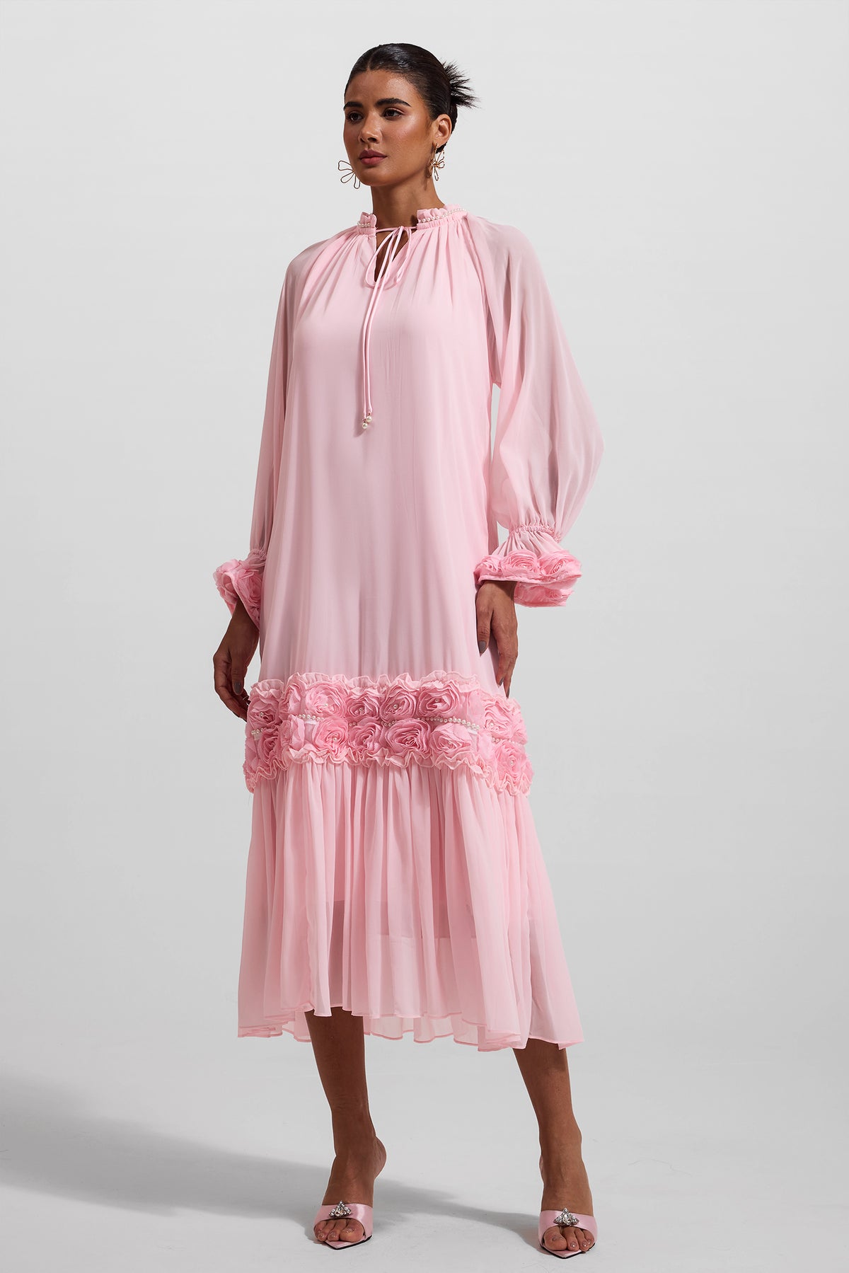 3d Frill Long Sleeve Midi Dress