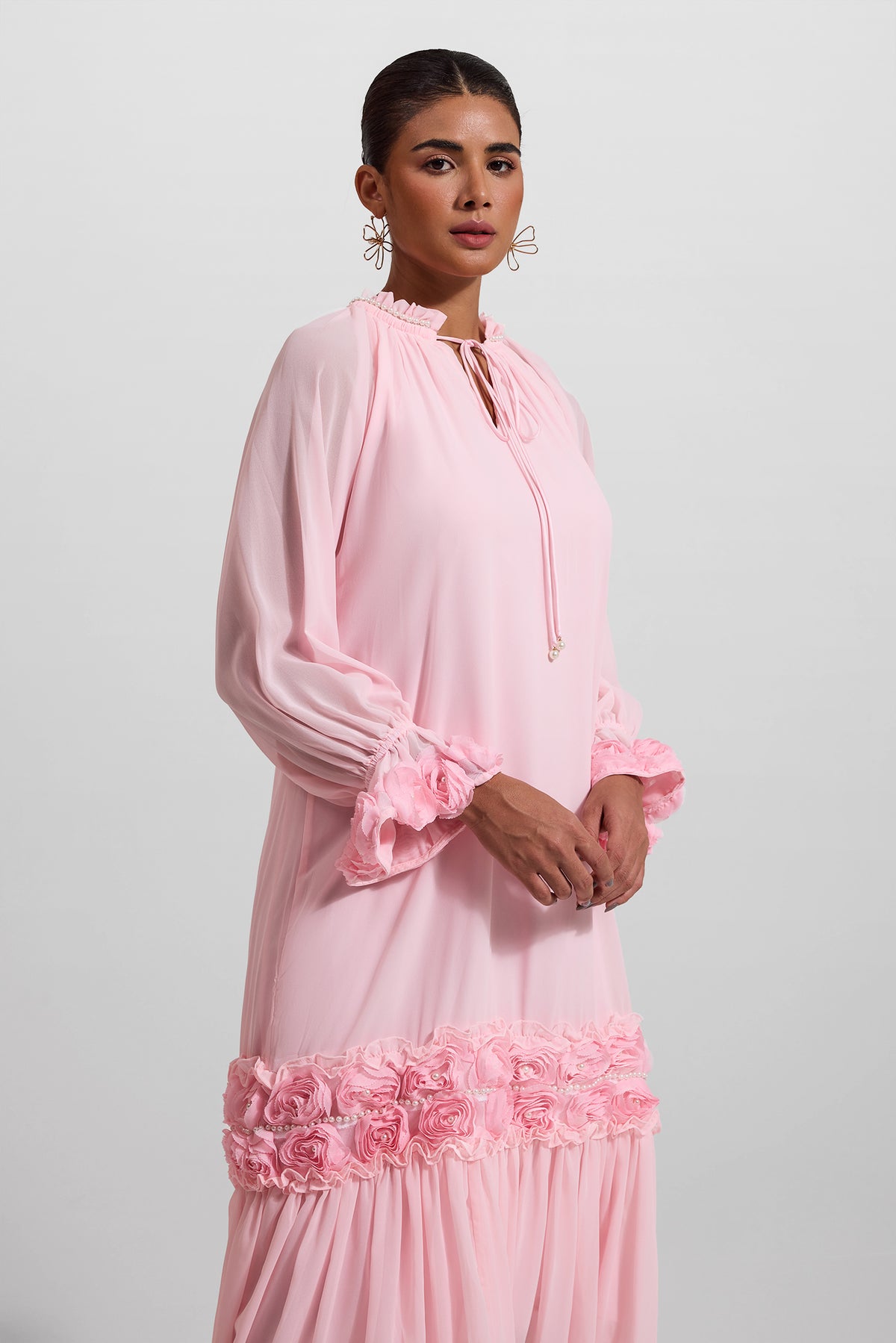 3d Frill Long Sleeve Midi Dress