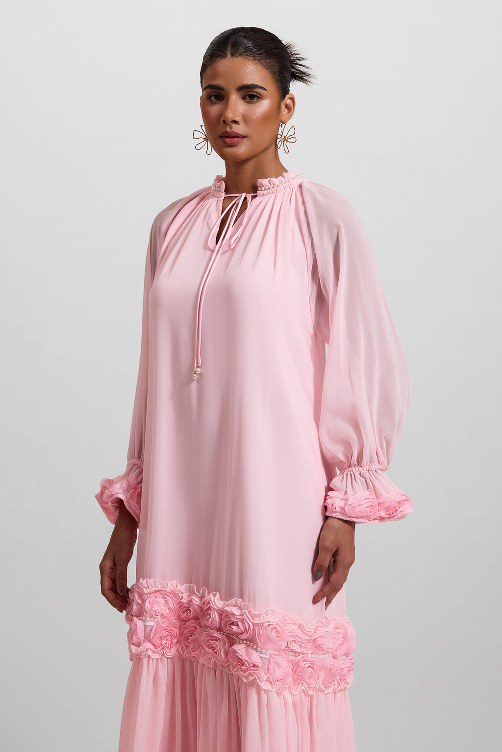 3d Frill Long Sleeve Midi Dress
